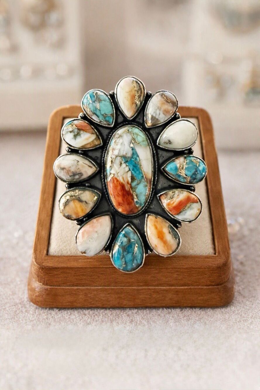 Southwestern Spiny Oyster Turquoise Statement Silver Ring Boho Artisan Design 6